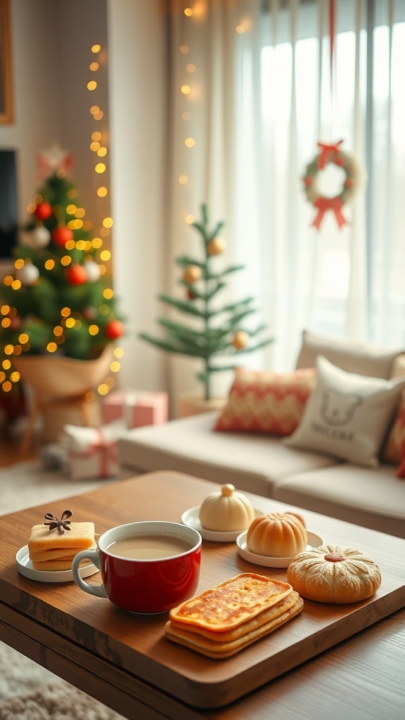 A cozy Korean Christmas living room with pastel decorations, fairy lights, and festive treats.